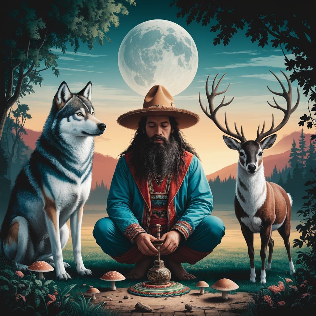 schaman, wolf and deer