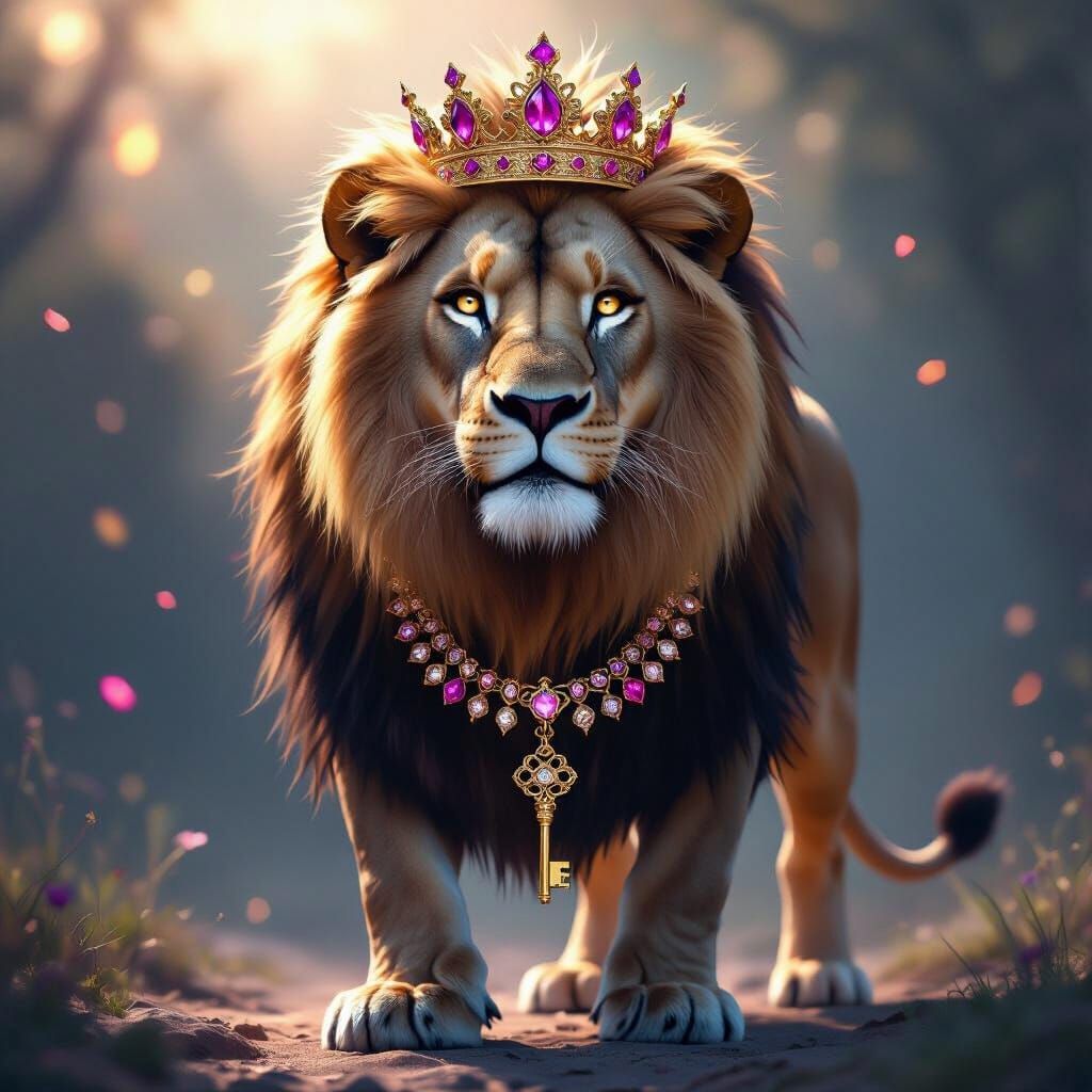 Majestic Lion in Ethereal Light Wearing Golden Crown