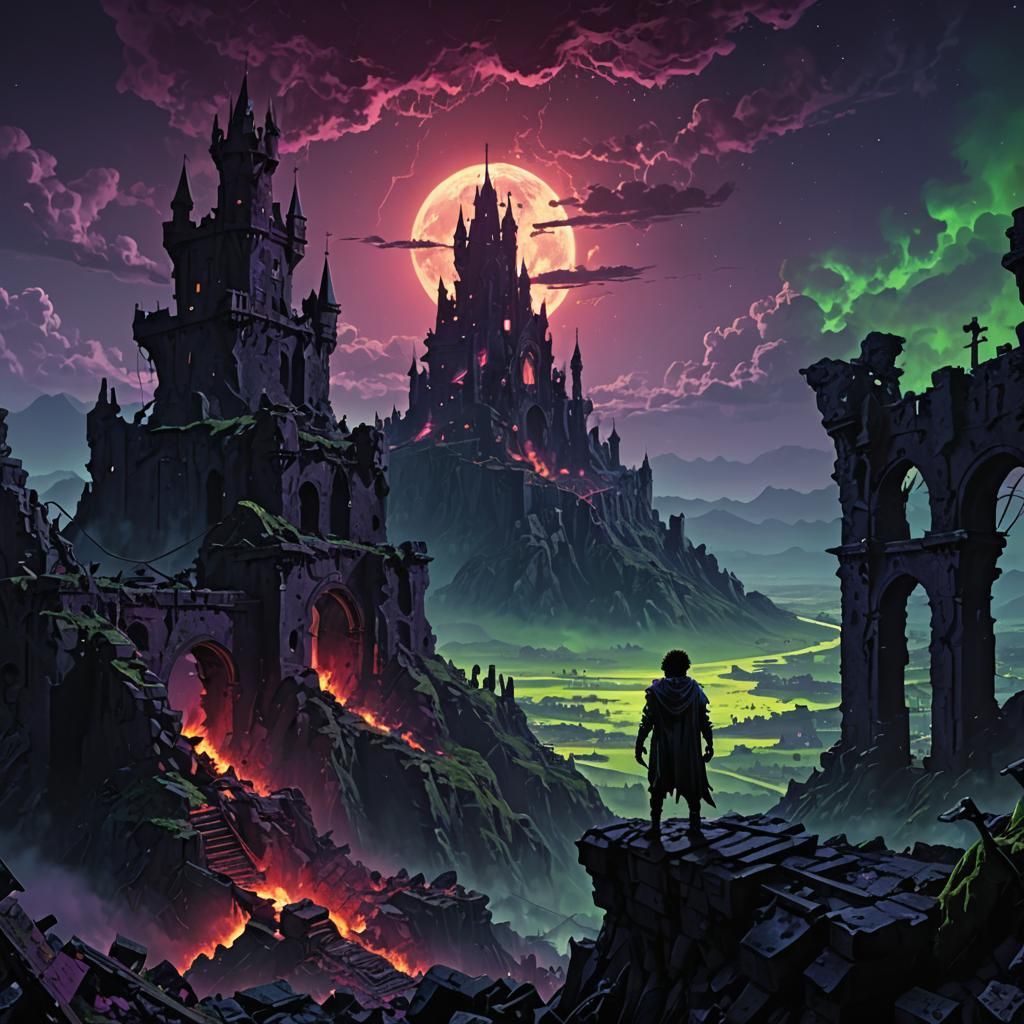 Demonic Figure Overlooking Ruined Castle in Dark Universe