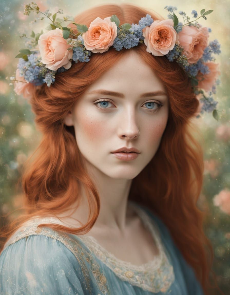 Pre-Raphaelite Woman with Floral Crown Portrait