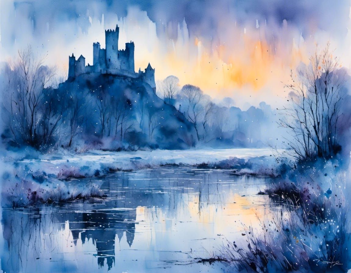 Castle Ruins in Misty Morning Light, Watercolor