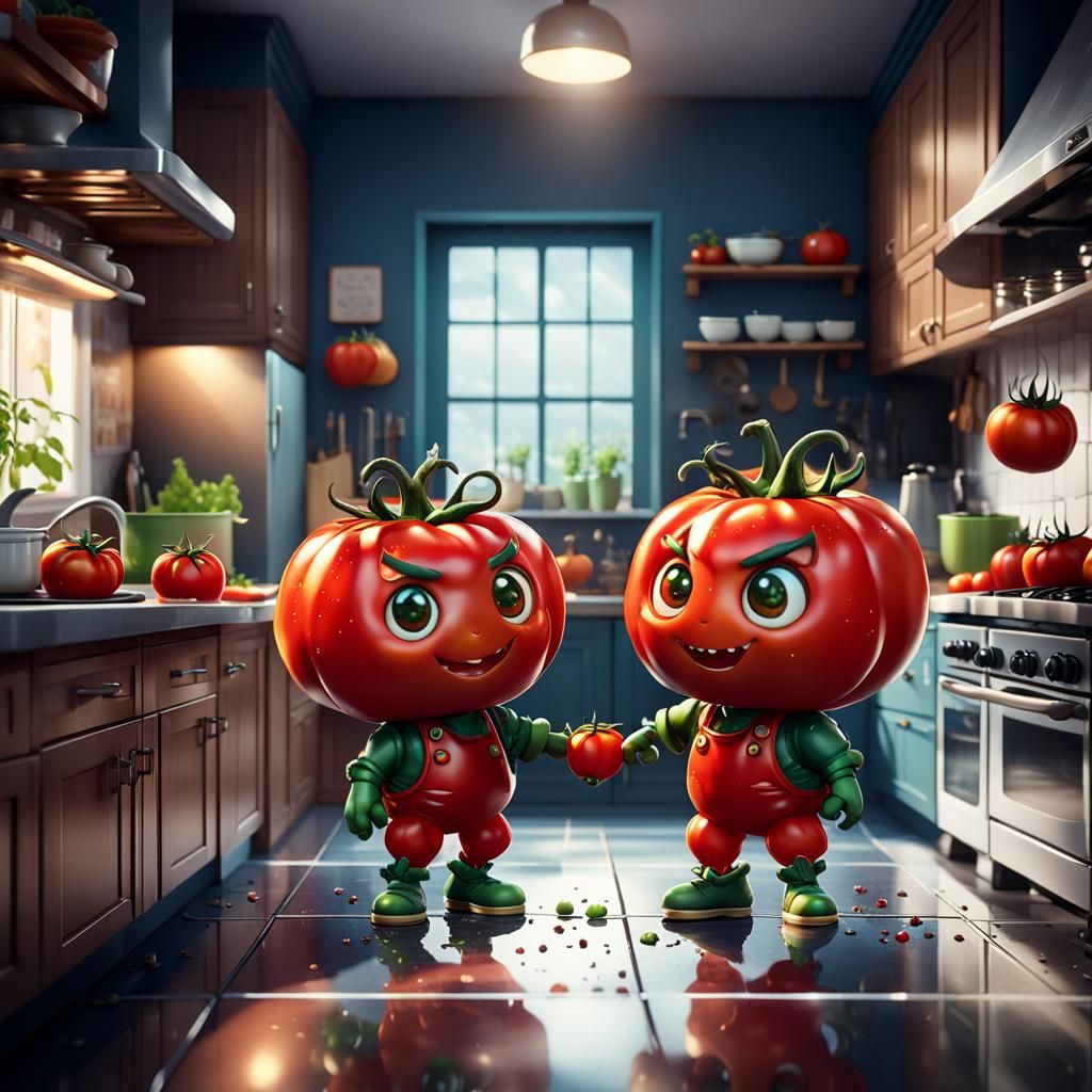 Tomato Chibis Walk Hand-in-Hand: Fantasy Concept Art
