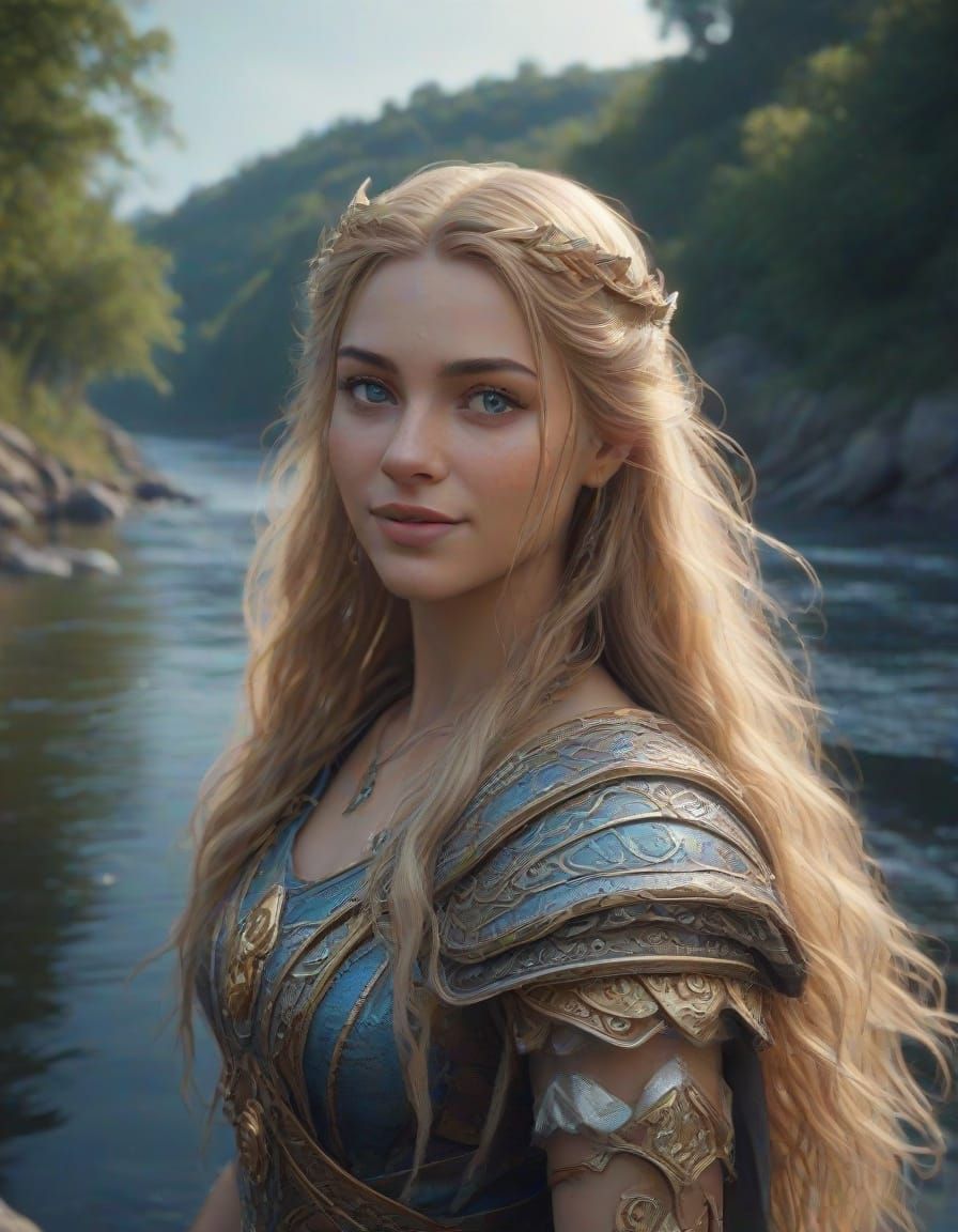 Norse Goddess Freya in a Fantastical River Landscape