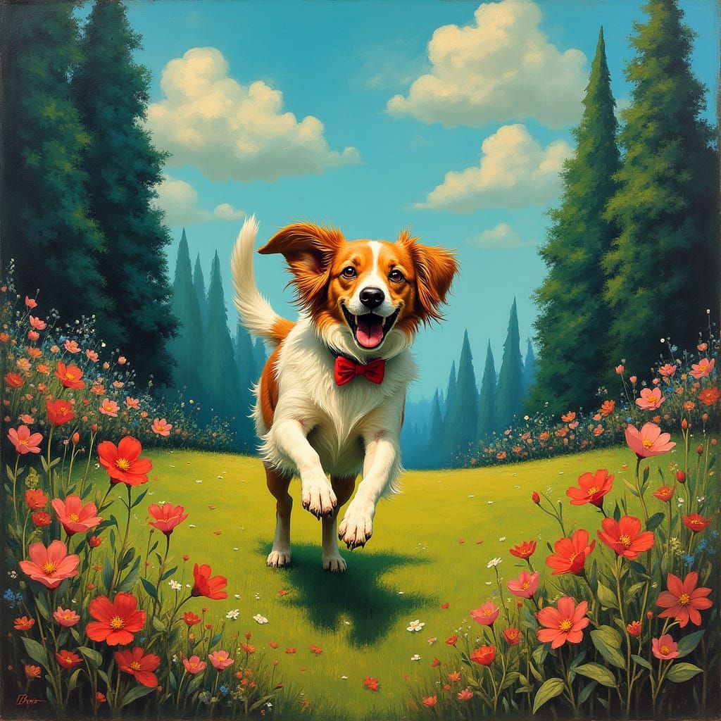 Surrealist Dog in Vibrant Yard with Melting Background