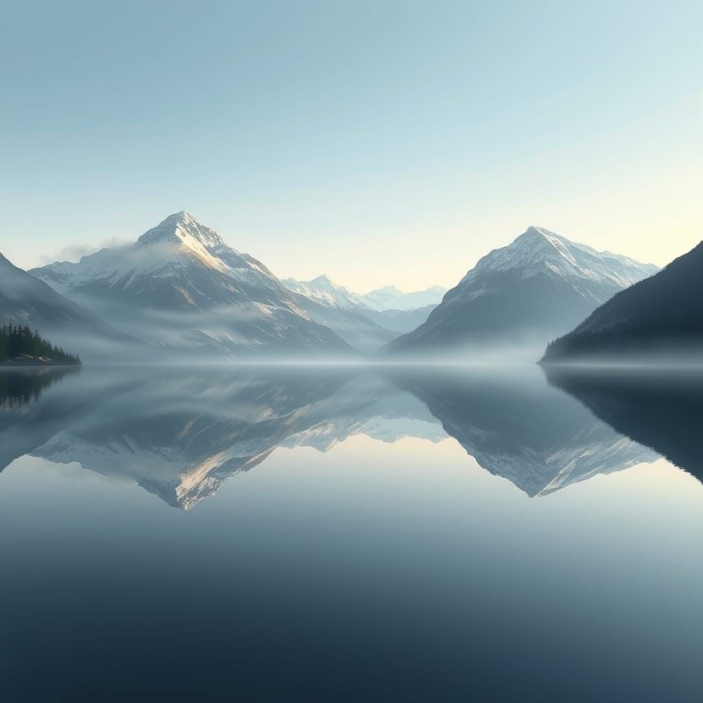 Misty Lake Reflecting Snow-Capped Peaks in Hyperrealism