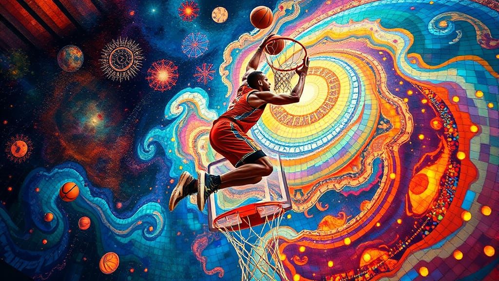 Basketball Player in Surreal Stained Glass Setting