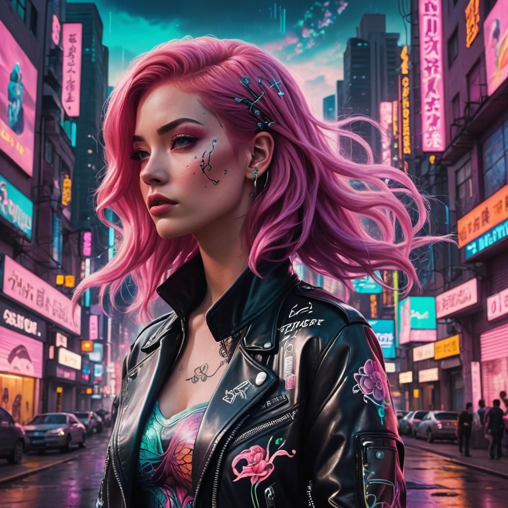 Vaporwave Woman in Virtual City with Neon Lights