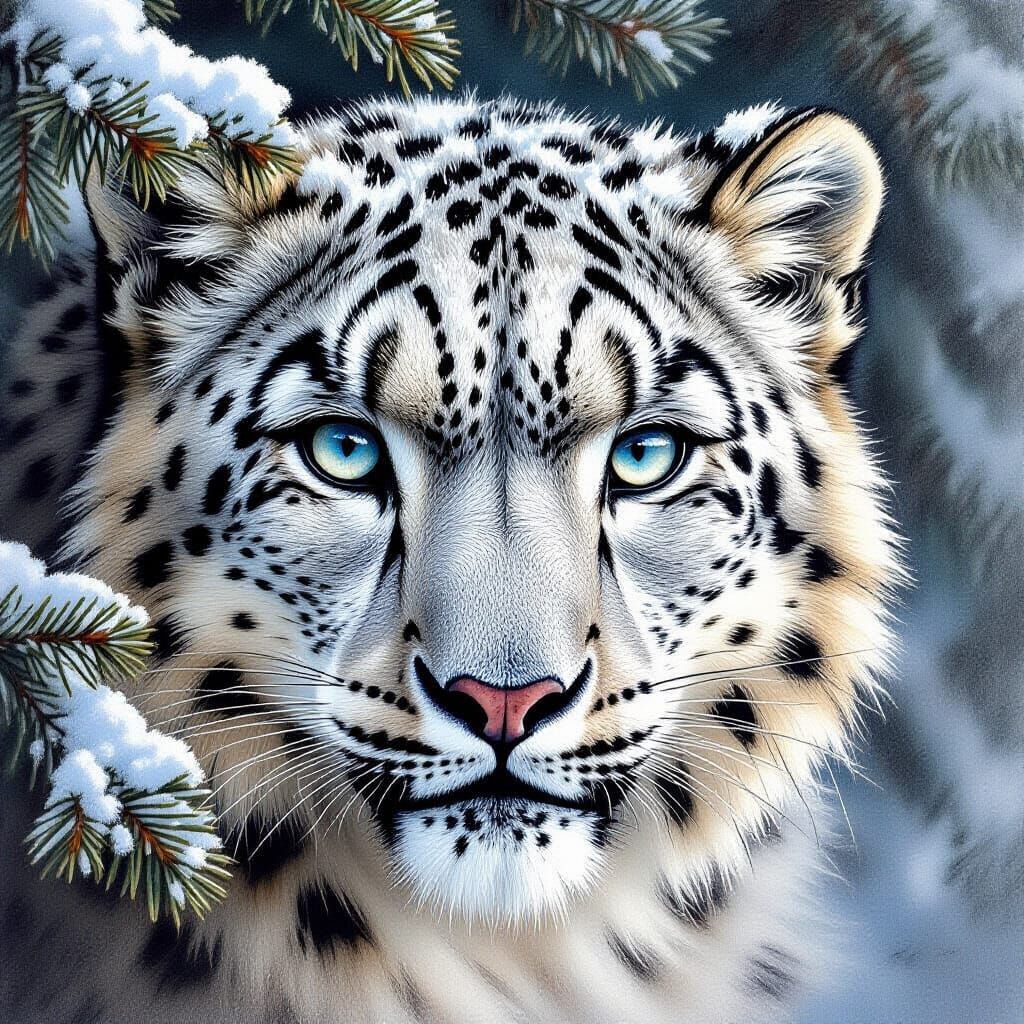 Hyperdetailed Charcoal Snow Leopard Face