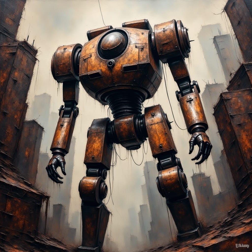 Dystopian Mecha Search: Grungy Oil Painting