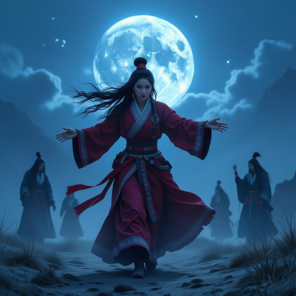 Skeleton Dance with Luminous Figures in Stormy Night