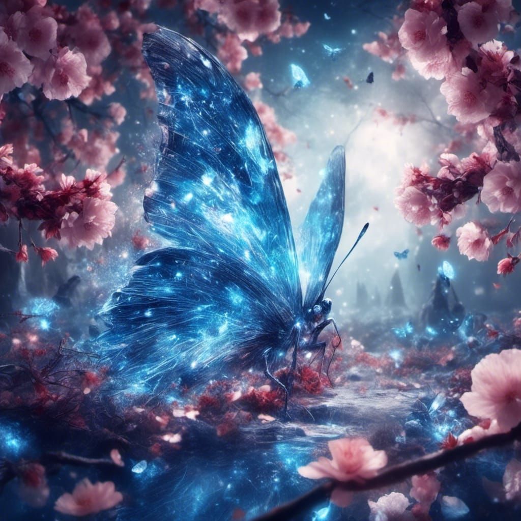 Blue Crystal Butterfly in Cherry Blossom Garden