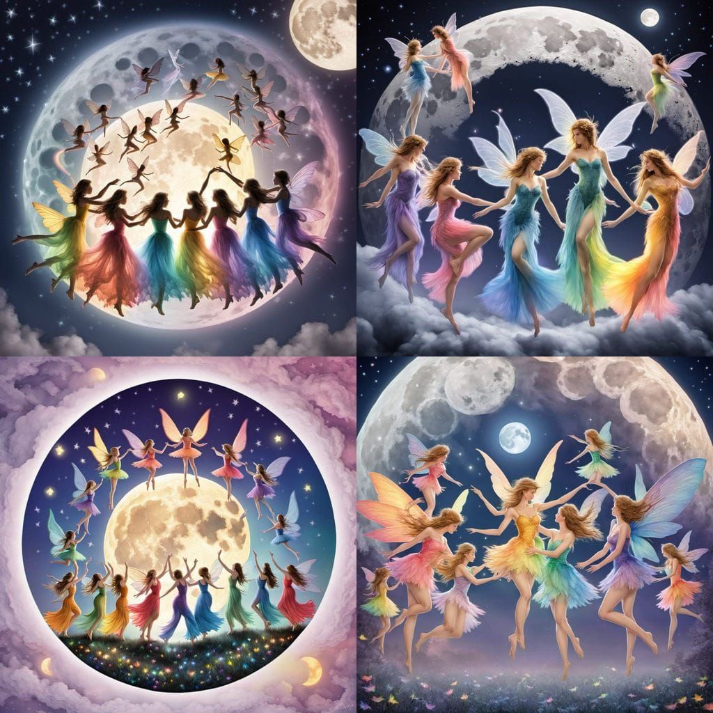 Rainbow Fairies Dancing Before a Glowing Moon