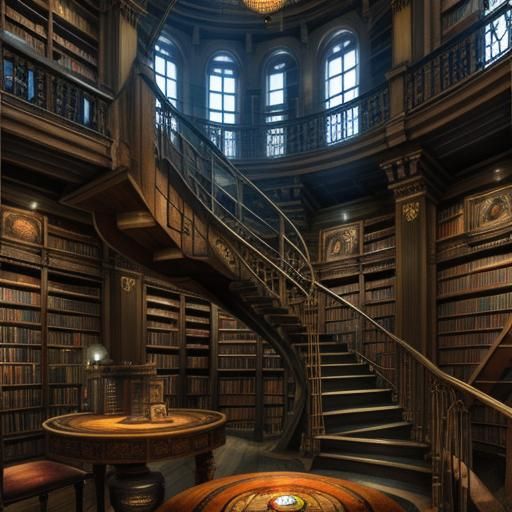 Steampunk Library with Spiral Staircase and Crystal Ball