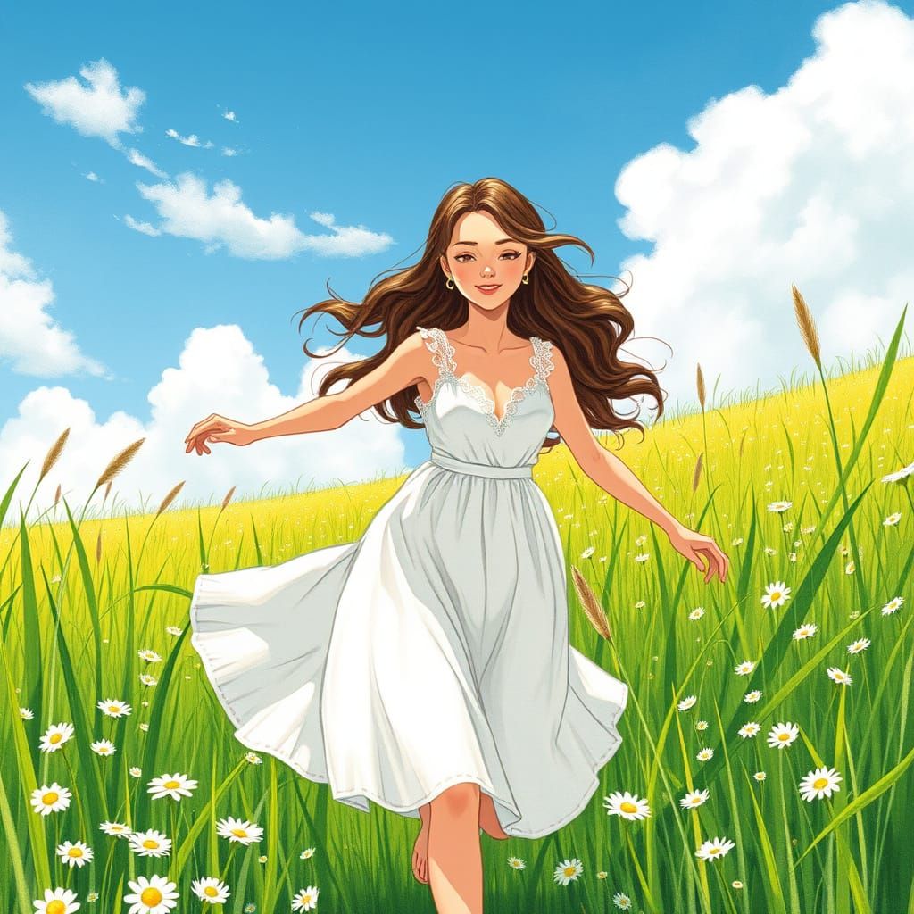 Whimsical Estonian Woman Runs Through a Vibrant Green Meadow