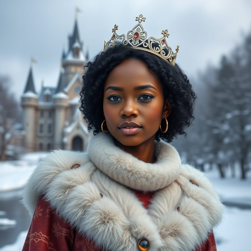 African Woman in Winter Princess Attire at Snowy Castle