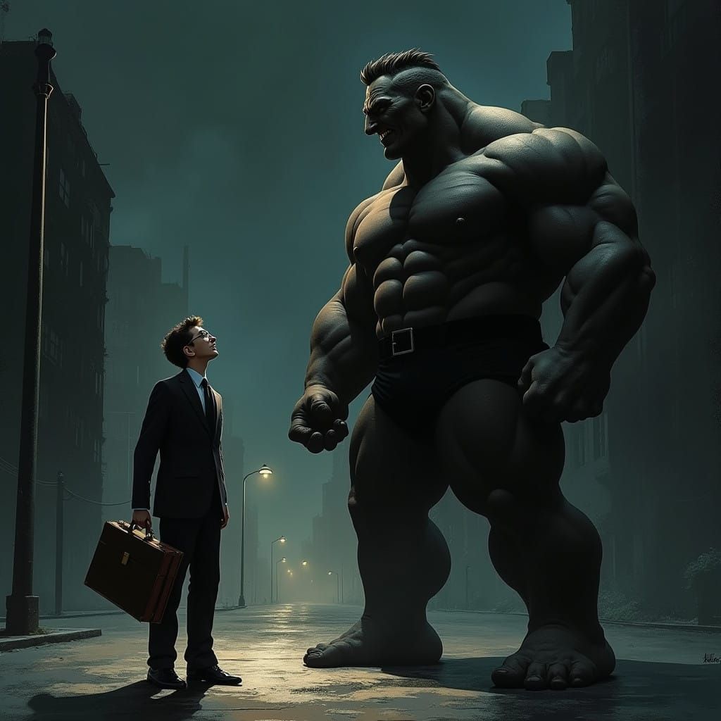 Everyman Defies Goliath in Dark Cityscape