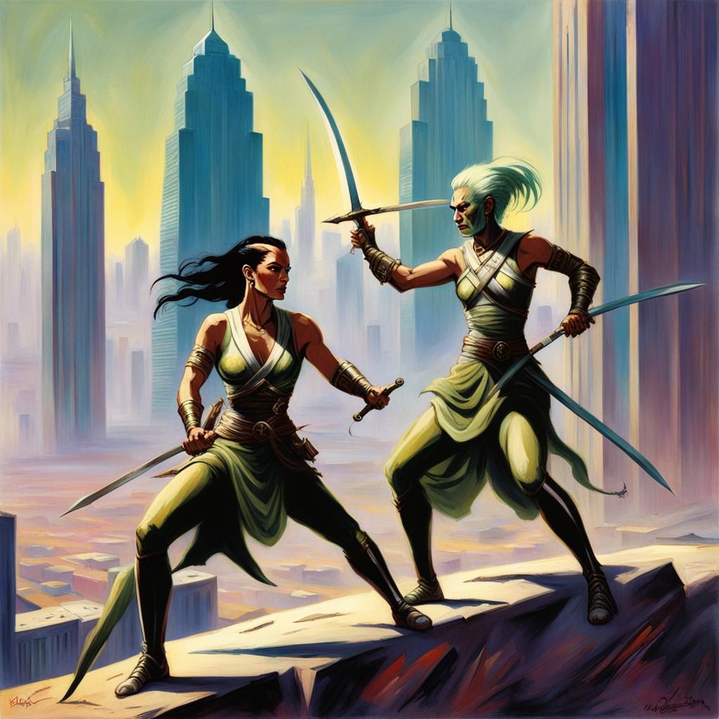 Barsoomian Women's Sabre Duel on Mars in Art Deco Style