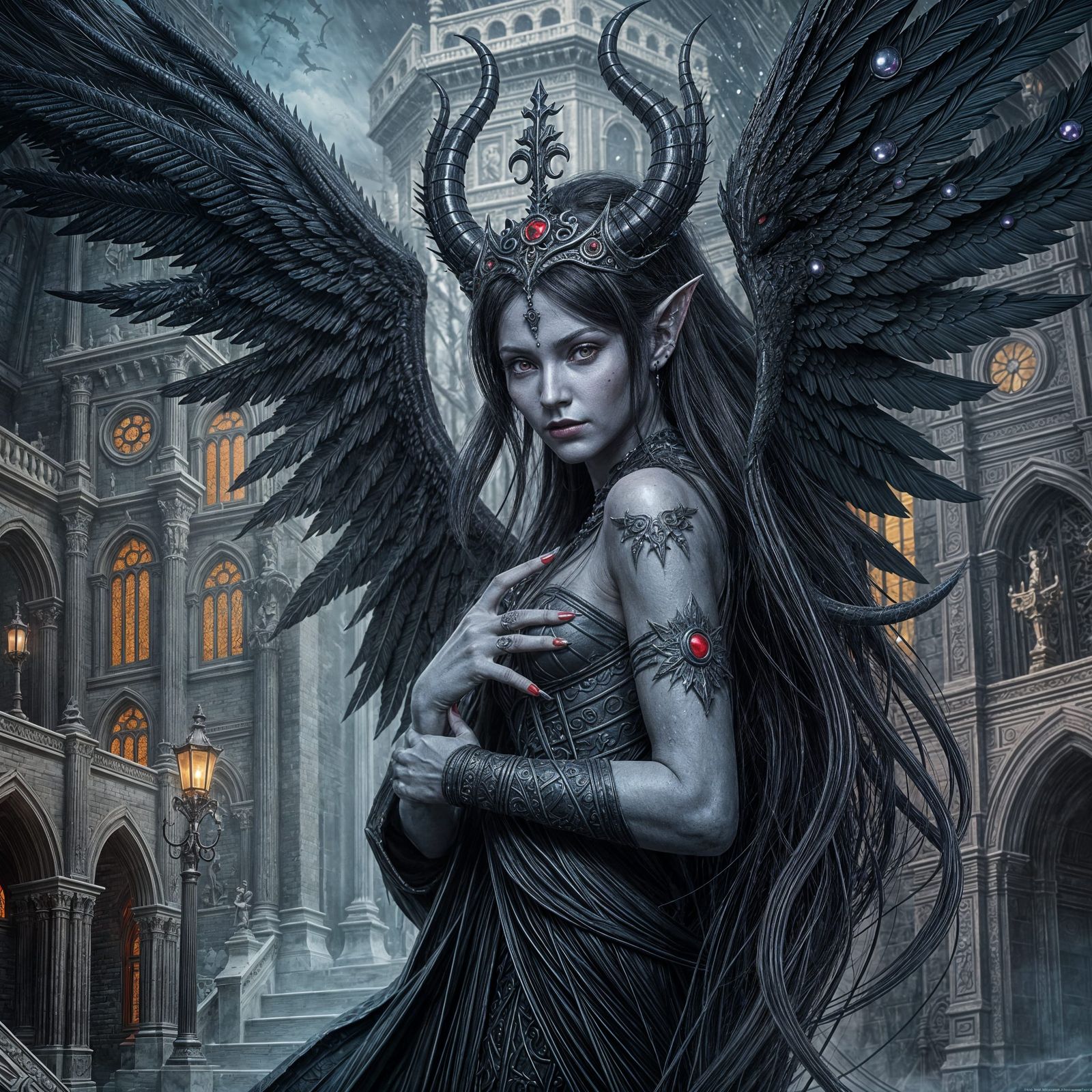 Elegant Tiefling Queen with Black Wings in Matte Painting