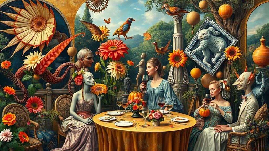 Surreal Garden Party in Dreamlike Collage Style