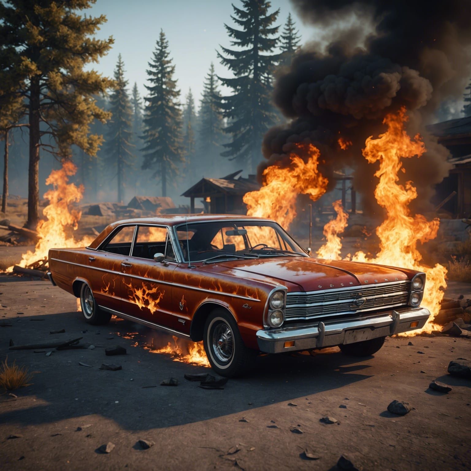 1965 Ford Galaxie Engulfed in Flames: 3D Rendering