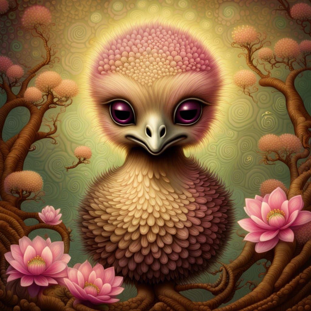 Emu and Buddha in Fractal Garden, Modern Art