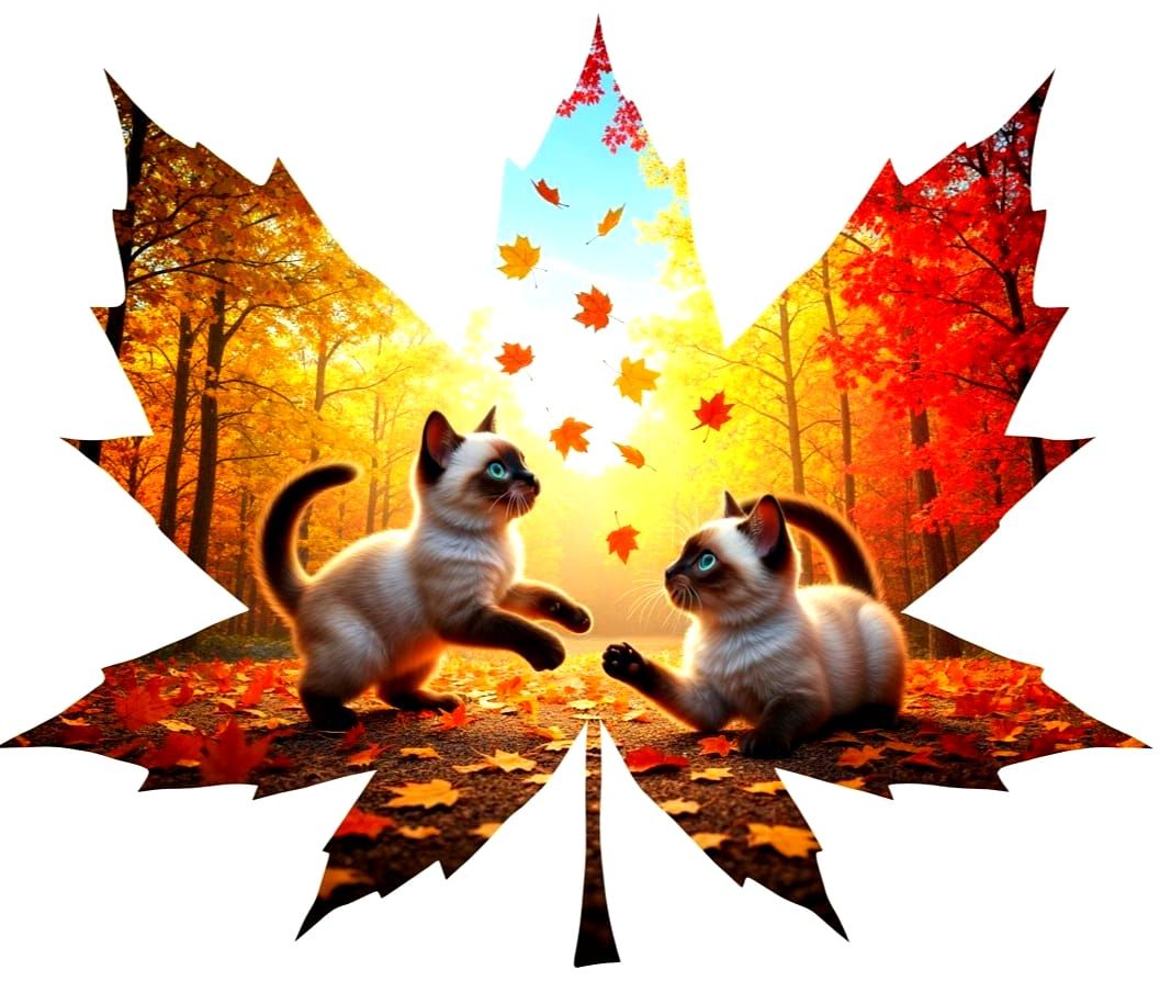 Siamese Kittens Play in Maple Leaf Double Exposure