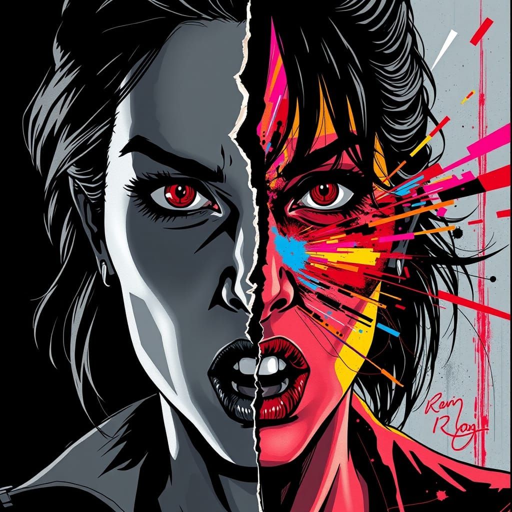 Distorted Portrait in Grungy Noir and Vibrant Colors