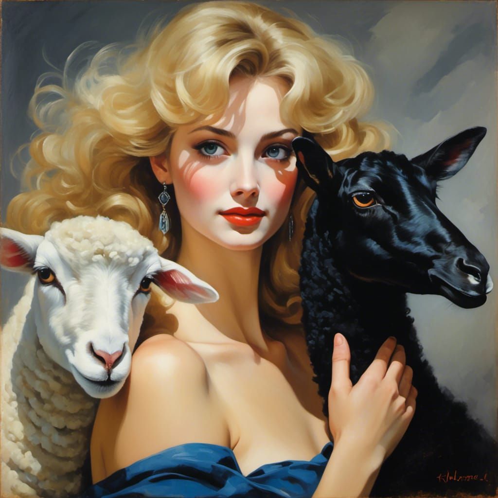 Surreal Mary and Lambs in a Fantastical Vision