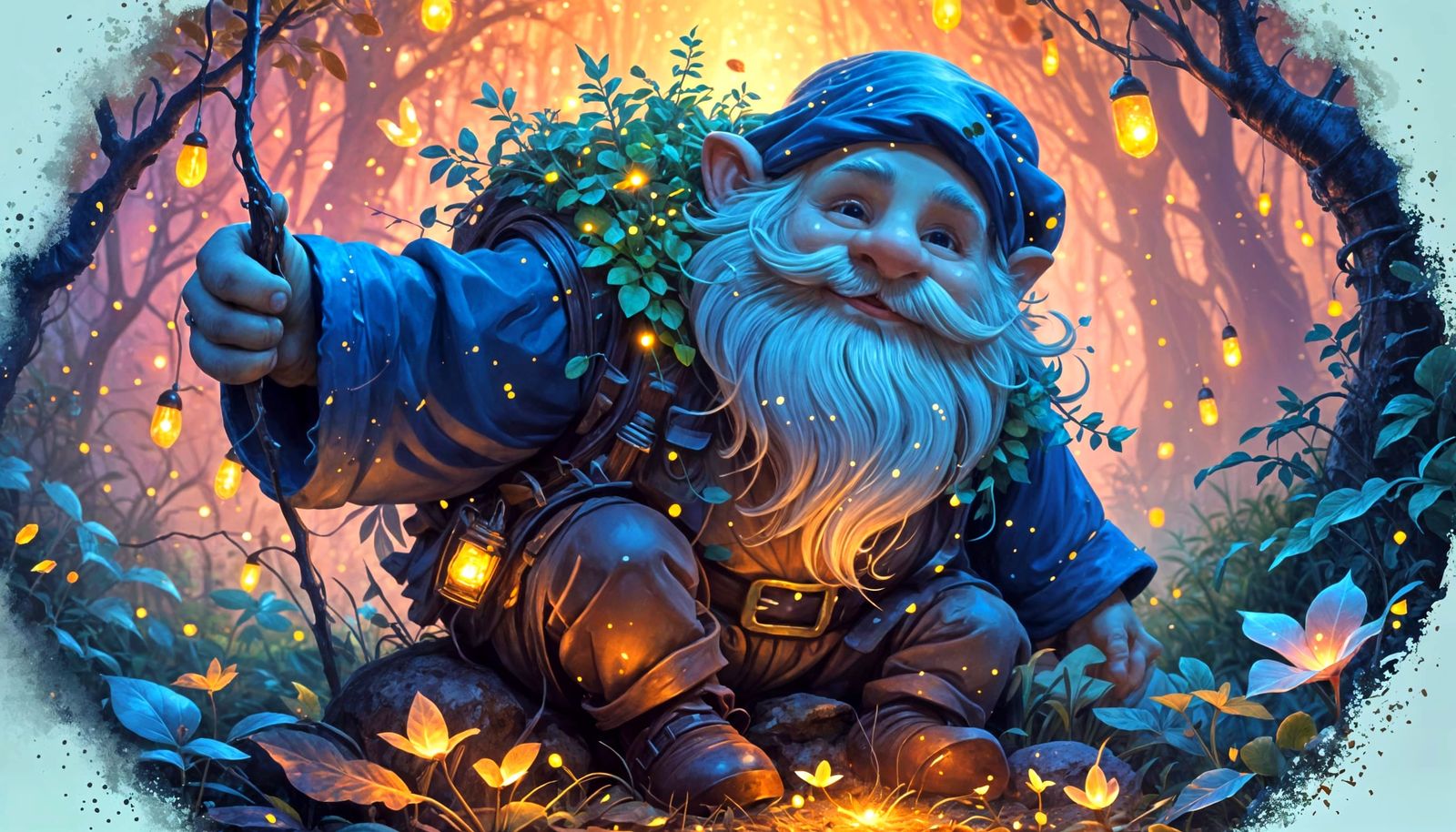 Contemplative Gnome in Lush Fantasy Garden