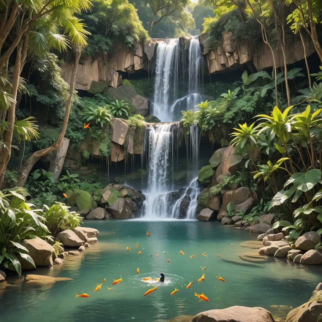 Secluded Waterfall with Swimming Couple and Golden Fish