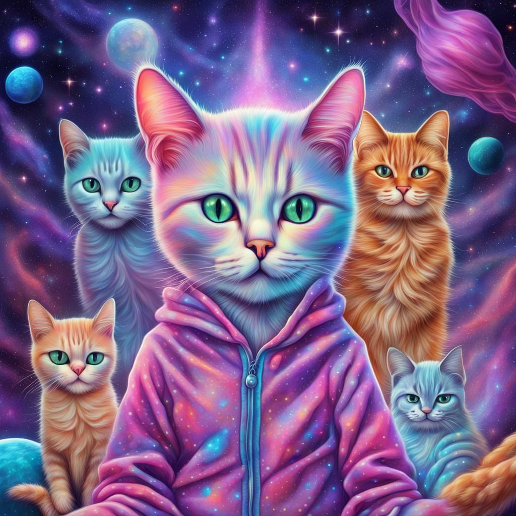 Cats in Pajamas: Holographic Astral Illustration