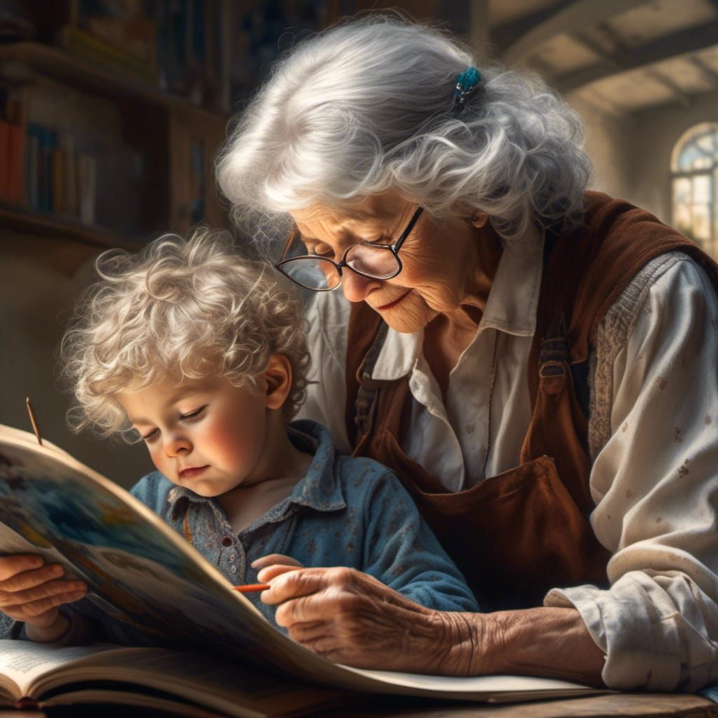 Grandma and Grandson Reading: Watercolor Hyperrealism