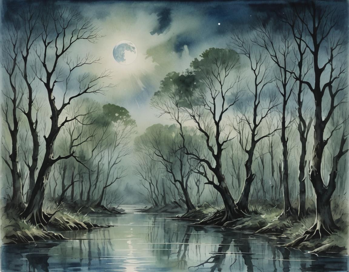 Flooded Woodland at Night: Watercolour Art Deco