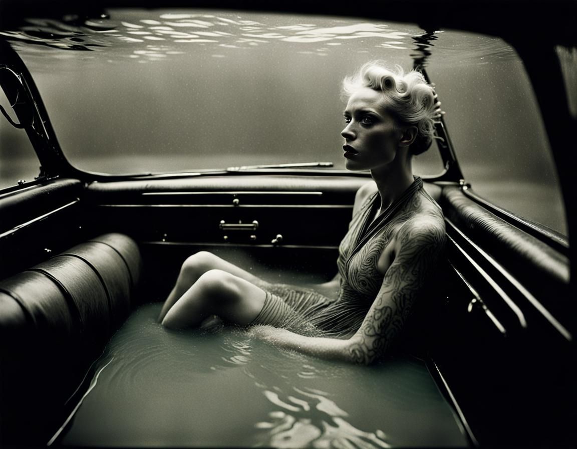 Surreal Submerged Cadillac: Intricately Detailed Photograph