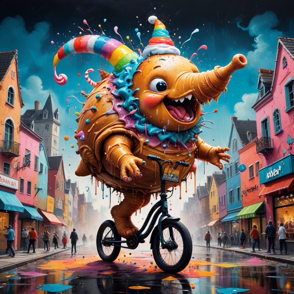 Giant Croissant Rides Unicycle in Candy City