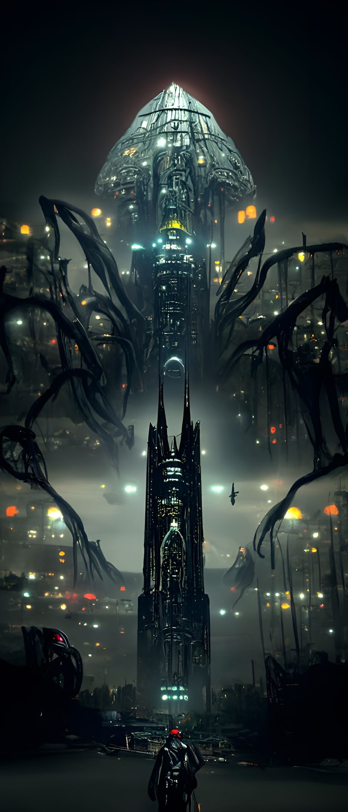 Cyberpunk Gothic Landscape with Eldritch Spaceship