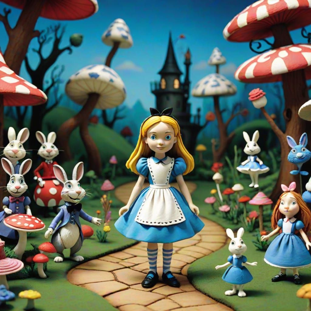 Whimsical Claymation Scene from Alice in Wonderland