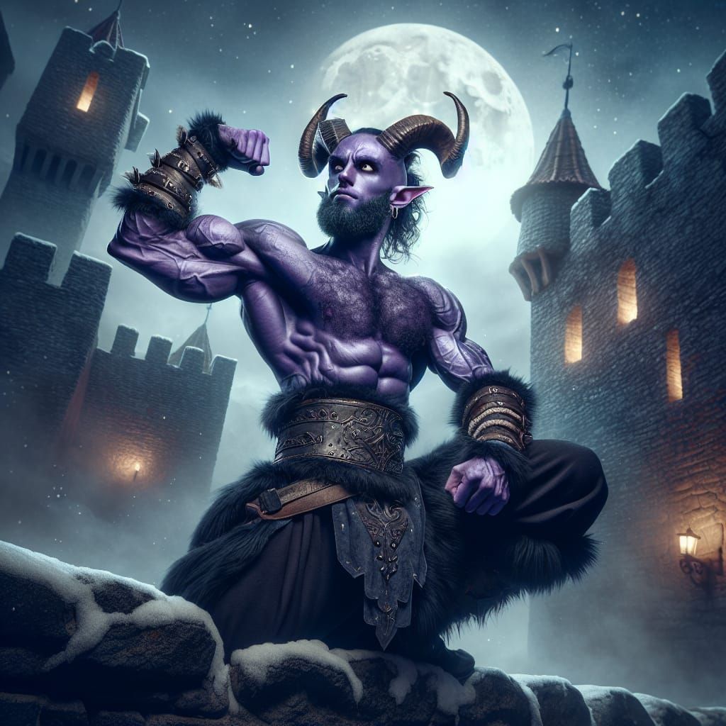 Heroic Tiefling Barbarian Monk Flexing Under Moonlight