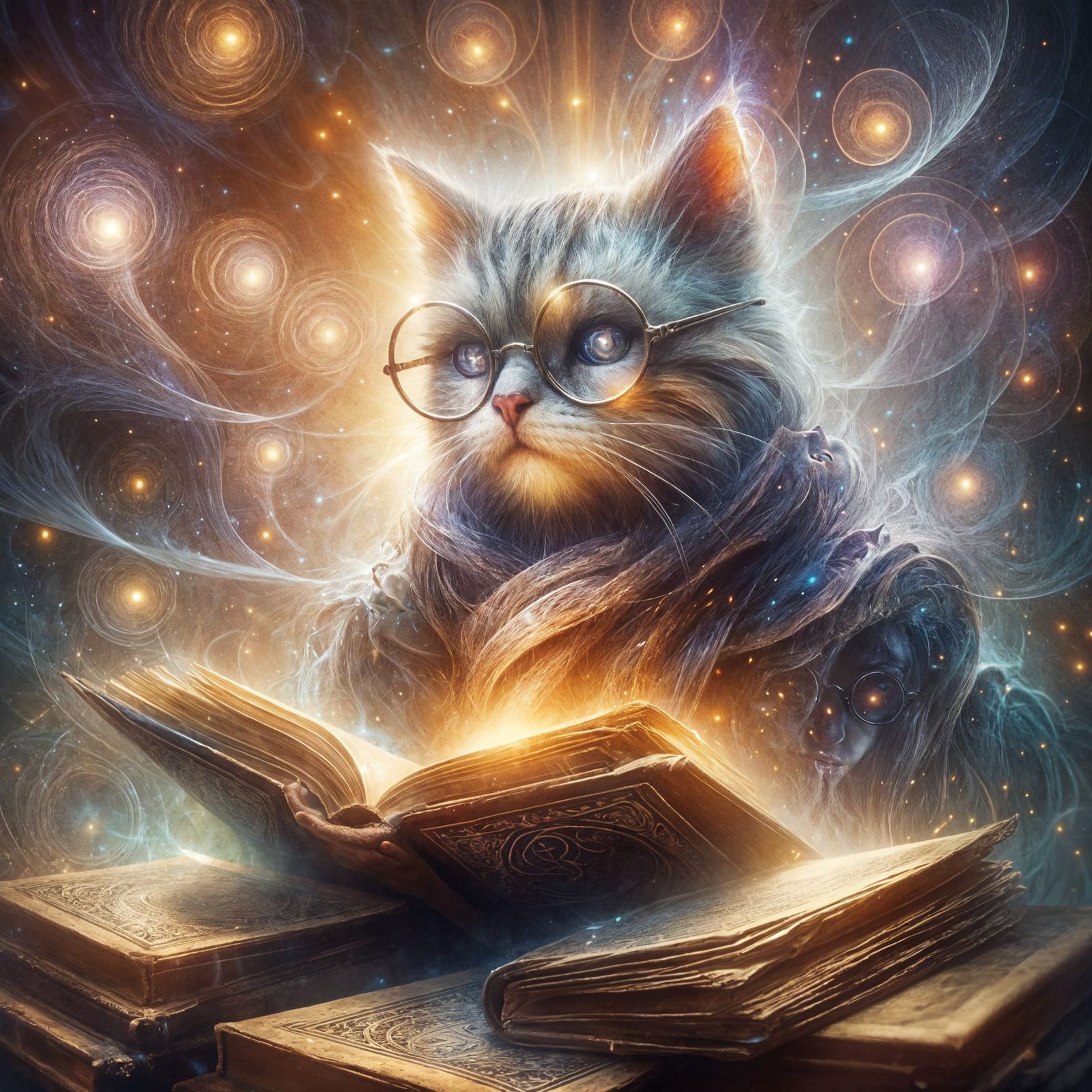 Mystical Feline Scholar in Impressionist Style