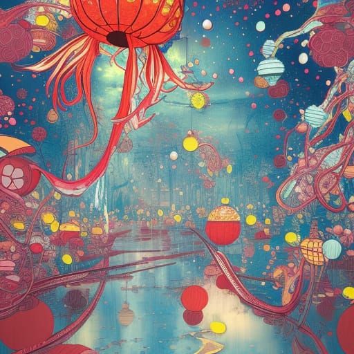 Japanese Lantern Festival: Hyperdetailed Gouache Illustratio...