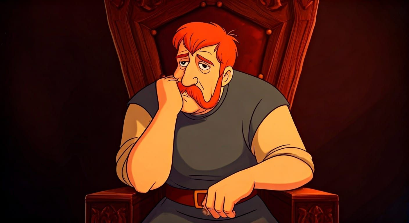 Melancholic Knight on Throne in Animated Style