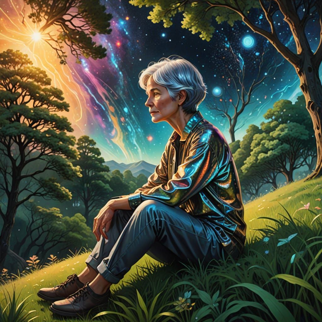 Cosmic Grandma in Astral Landscape Illustration