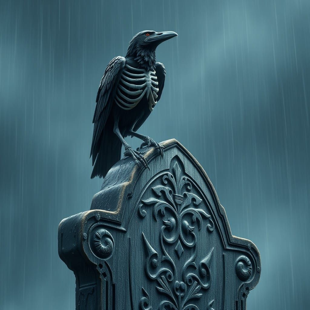 Majestic Skeleton Crow on Ancient Gravestone