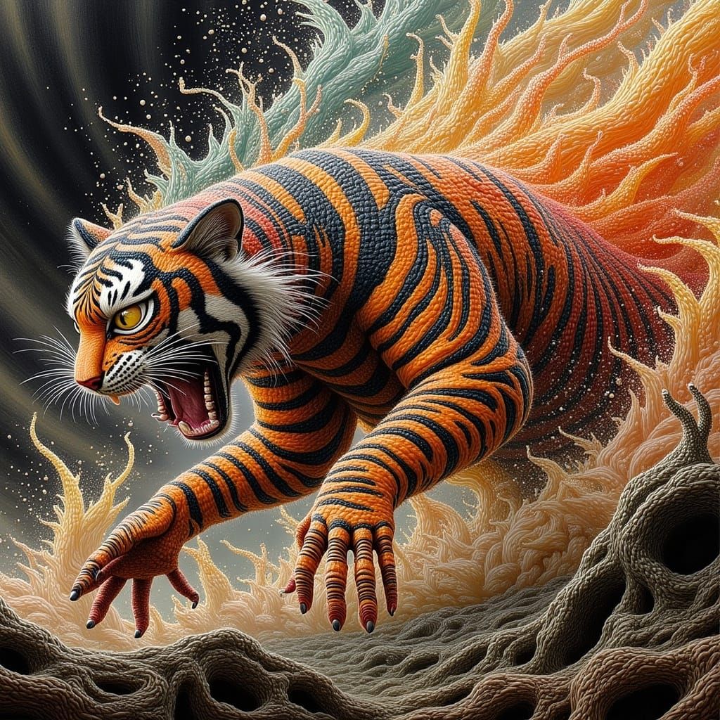 Ferocious Tiger in a Swirling Storm of Color