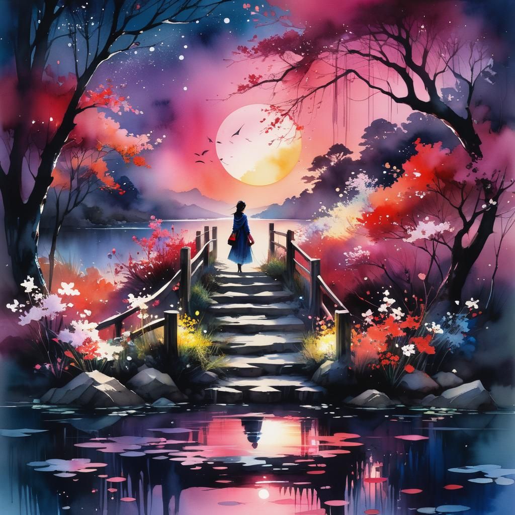 Dreamy Lake Glade at Night: Watercolor Art