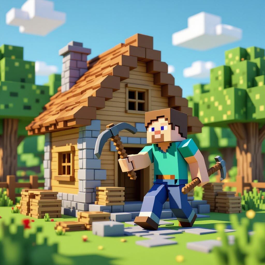 Minecraft Scene: Steve Building a House