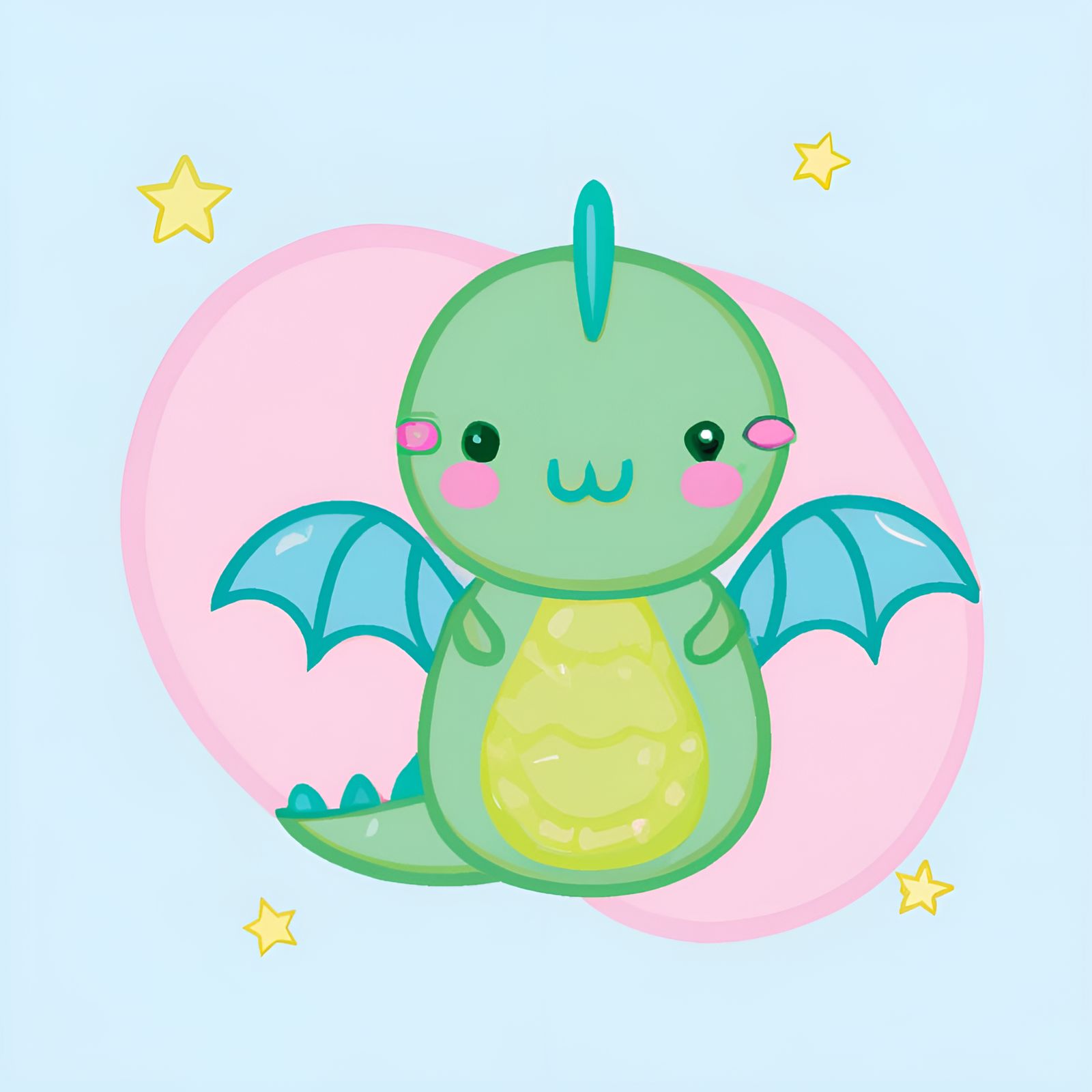 Cute Kawaii Pastel Green Dragon With Blue Wings & Scales