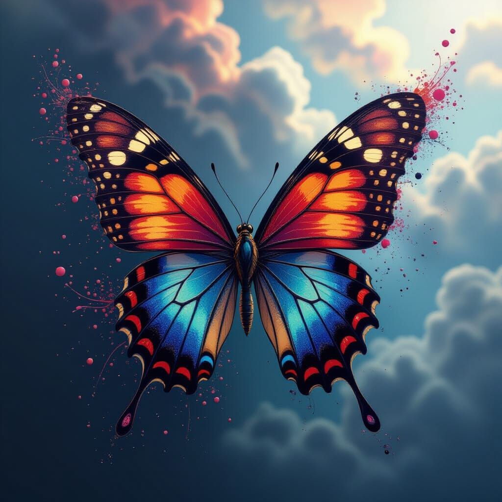 Vibrant Butterfly Soars Through Inky Night Sky