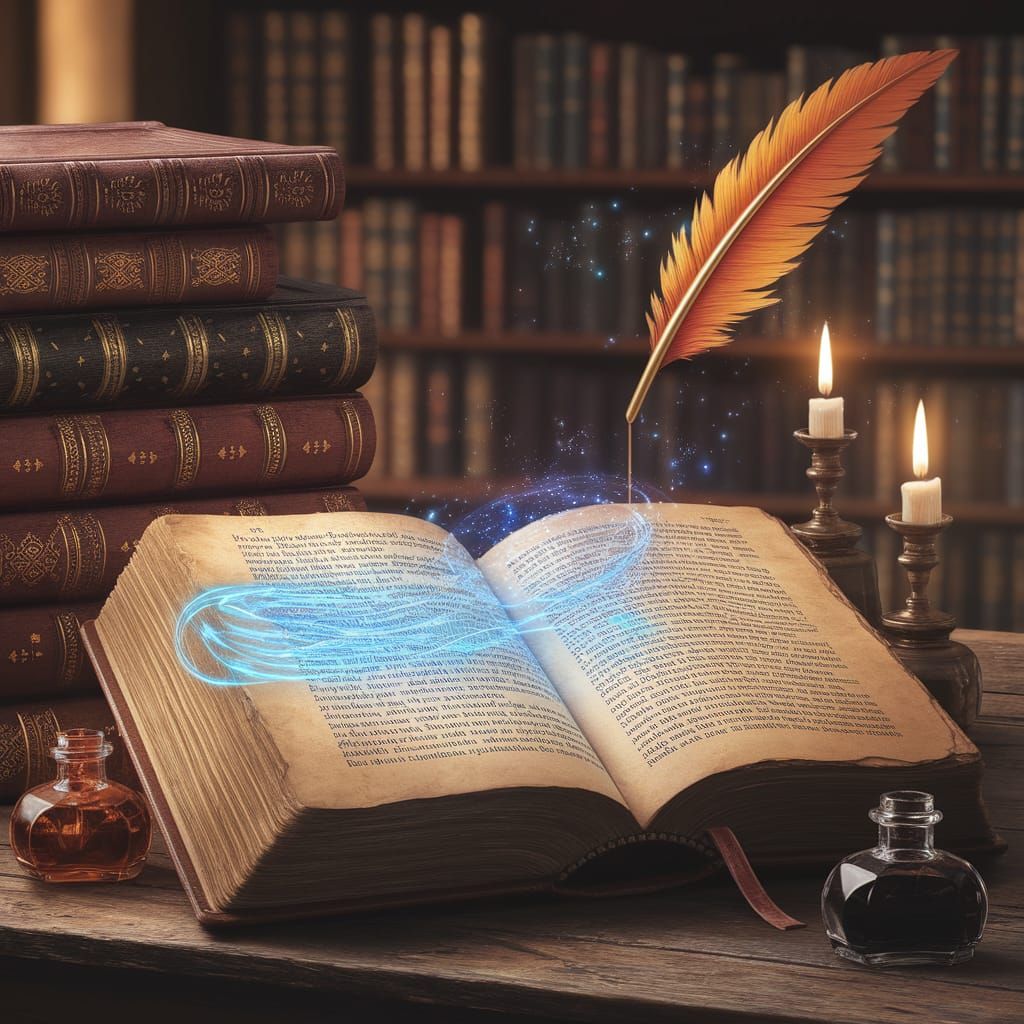 Enchanted Study with Ancient Book and Celestial Quill
