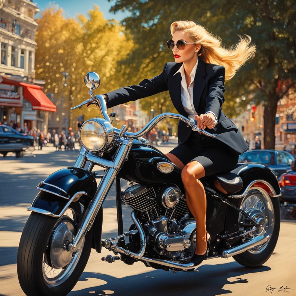 Blonde Woman on Motorcycle, Pin-Up Style Portrait